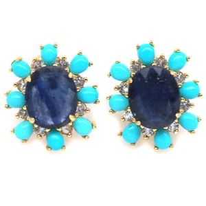 925 Sterling Silver 9 x 11 mm. Blue Sapphire, Turquoise & Zircon Earrings - Picture 1 of 4