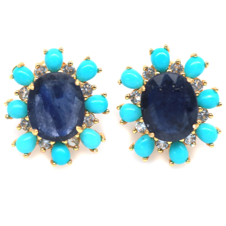 925 Sterlingsilber 9 x 11 Mm. Blauer Saphir, Türkis & Zirkonia Ohrringe - Bild 1 von 4