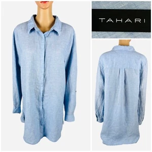 Tahari Damen XL Top Tunika blau 100 % Leinen Essentials Knopfleiste Freizeit neu mit Etikett - Bild 1 von 11