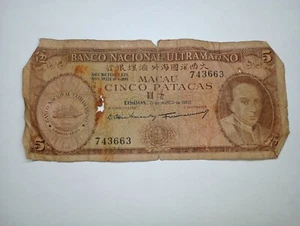Macau (Portugal control) 5 Patacas 1968 Heavily Circulated World Paper Banknote - Picture 1 of 2