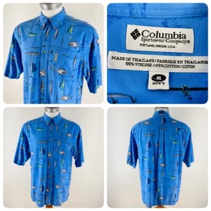 Columbia Mens Size M Fish All Over Print Blue Cotton Button Front Pocket U3 - Picture 1 of 9