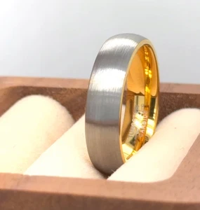 Yellow Gold IP Plated Tungsten Ring Classic Gunmetal Wedding Band Christmas Gift - Picture 1 of 7