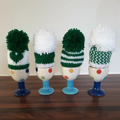 BRAND NEW Dark Green and White Bobble Hats, Egg Cozies, set of 4. - Image 1 of 4