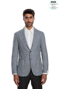 $1900 LUIGI BORRELLI "PROCIDA" Hand-Sewn Blue Plaid Jacket Sport Coat Wool - Picture 1 of 8