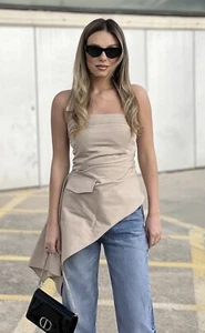 ZARA NEW WOMAN ASYMMETRIC GABARDINE TOP HALTER BEIGE Size S REF:3067/026 - Picture 1 of 4