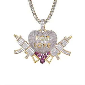 D/FL Round Real Moissanite 14K Yellow Gold Over Drip Heart With Gun Pendant 1.5" - Picture 1 of 8