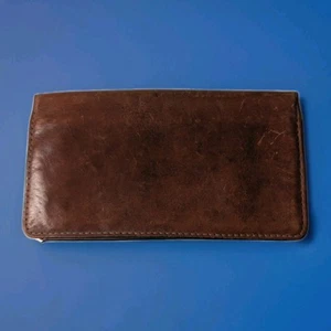 Vintage Genuine Leather Checkbook Cover Wallet Brown Slim Bifold Classic Design - Picture 1 of 3