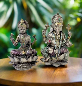 Set statuine Ganesh & Lakshmi in bronzo statuine dio e dea indù per decorazione casa - Foto 1 di 9