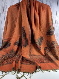PASHMINA Schal Fransen Halstuch Tuch Schmetterling Türkis Burnt Orange 55% Pashmina - Bild 1 von 4