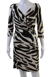 Diane Von Furstenberg Womens Short Sleeve V Neck Abstract Dress White Black 6 - Picture 1 of 6