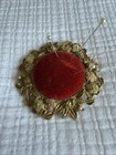 Vintage Gold Tone Ornate Footed Pin Cushion Sewing Pearl Accents