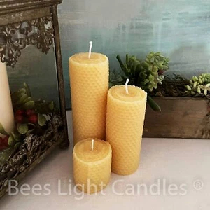 Honeycomb Beeswax Pillar Candle Set of 3 / Bees Wax Rolled Look w/ Natural Honey - Picture 1 of 4