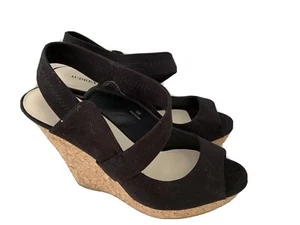 Audrey Brooke Black Cork Wedge Peep Toe Platform Sandals Shoes Size 9.5 M - Picture 1 of 7