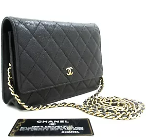 p63 CHANEL Authentic Grained Calfskin Wallet On Chain WOC Black Shoulder Bag - Picture 1 of 19