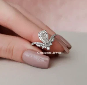 Solid 14K White Gold 1 CT pear Cut Moissanite Cluster Art Deco Engagement Ring - Picture 1 of 6