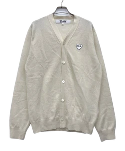 Play Comme Des Garcons Wool White Heart Patch Cardigan beige Men's Size L - Picture 1 of 6