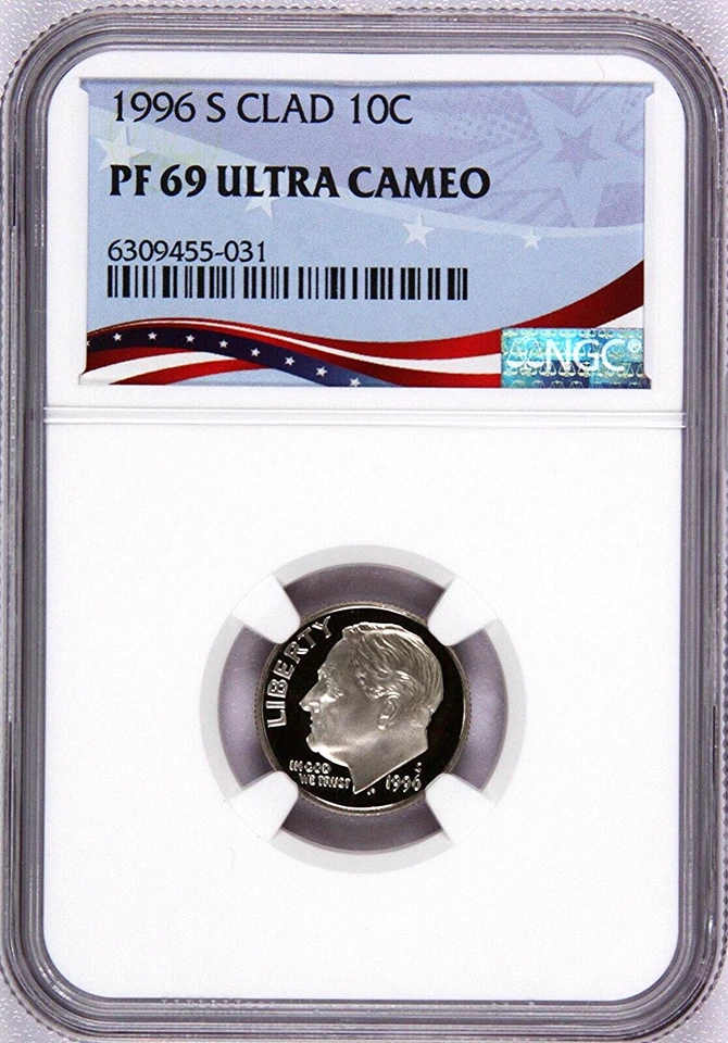 1996-S Proof Roosevelt Dime, Graded PF69UC NGC * OSR Patriotic Exclusive Label - Image 1 of 4