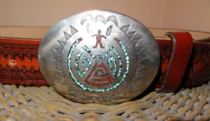 Inlaid Turquoise Coral Belt Buckle Handmade Leather Belt USA Signed - Picture 1 of 12