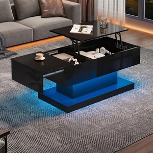 Couchtisch Höhenverstellbar, Wohnzimmertisch Hochglanz mit Hebeplatte, Schwarz - Bild 1 von 13