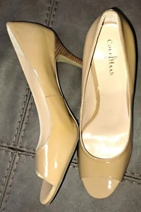 Ladies Cole Haan Peep Toe Heels Beige NikeAir Wooden Type Heel Size 7.5B - Picture 1 of 8