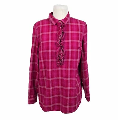 Tommy Hilfiger Pink Plaid Popover Henley Tunic Ruffle Placket Long Sleeves Large - Image 1 of 4