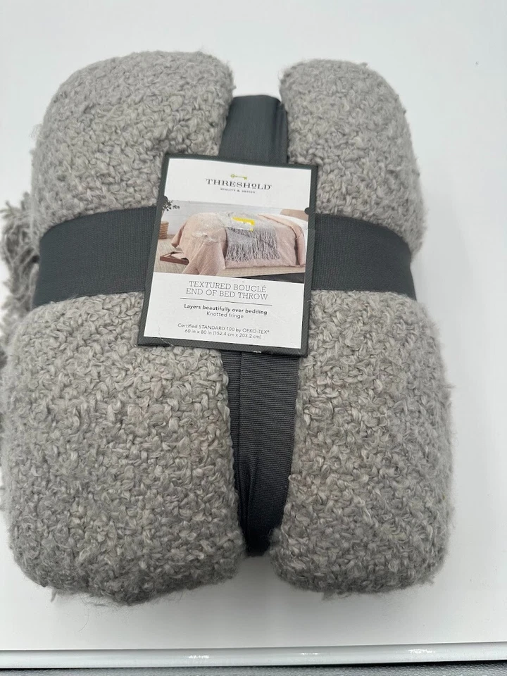Textured and Fringed Boucle End of Bed Throw Blanket in Gray - Threshold 80"x60"