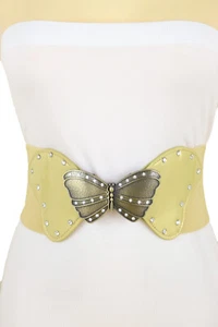 Women Gold Elastic Waistband Faux Leather Fabric Belt Butterfly Metal Buckle S M - Picture 1 of 17