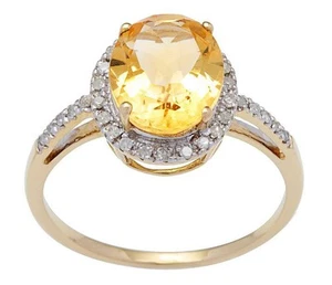 10k Yellow Gold 3ct Oval Citrine and Pave Diamond Halo Ring - Picture 1 of 2