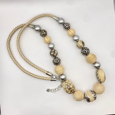 NWOT BRIGHTON Silver Plated Bead Necklace Woven Leather Cord Nut Faux Pearl 32" - Image 1 of 4
