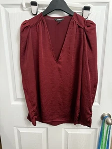 Blusa Express Para Mujer Talla Pequeña Borgoña Roja Abullonada Hombro Manga Larga Top Satinado - Imagen 1 de 5