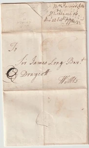 1774 RARE WHITCHURCH H 3/LINE PMK LETTER MARY PURVIS TO SIR JAMES LONG DRAYCOTT - Picture 1 of 3