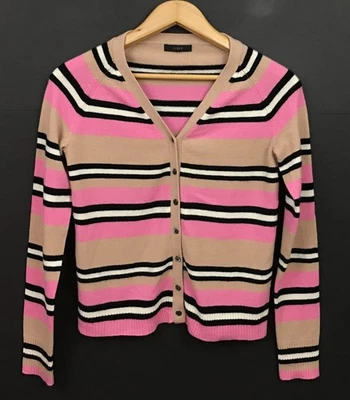 J. Cárdigan Suéter Crew Para Mujer Rosa Rayas 100% Cachemira Botón Frontal Talla S Foto 1 de 4