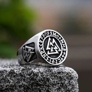 Vintage Viking Runes Valknut Stamp Ring Stainless Steel Men's Retro Signet Ring - Picture 1 of 2