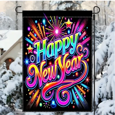 Happy New Year Garden Flag 12x18In Double-Sided Waterproof Quality Burlap - Image 1 of 3