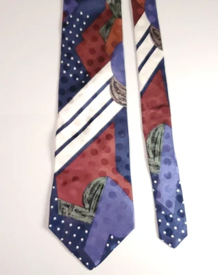 Henry Grethel Geometric 100% Italian Silk 4" Side by 55" Blue-Maroon with Green  - Image 1 of 4