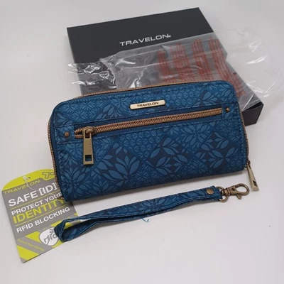 Carteira Travelon Safe ID RFID bloqueio zíper ao redor pulseira alça azul floral NOVA - Imagem 1 de 4