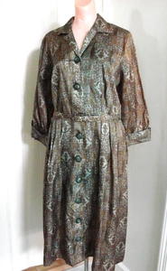 VTG 50s 60s Dress Acetate Brown Blue PAISLEY Shirtdress L B38 Full Button Front - Picture 1 of 9