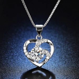 Crystal Love Heart Pendant 925 Sterling Silver Necklace Women Jewellery Gift UK - Picture 1 of 15