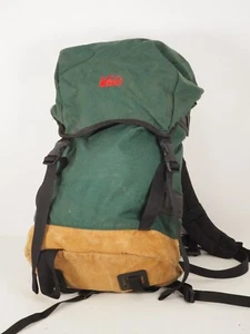 Vintage REI Hiking Backpack Suede Leather Bottom Green Camping Ruck Sack NICE! - Picture 1 of 7