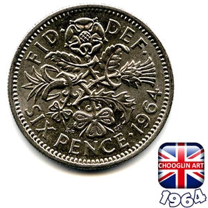 A BRITISH 1964 ELIZABETH II SIXPENCE 6d coin, 61 Years Old! - Picture 1 of 2