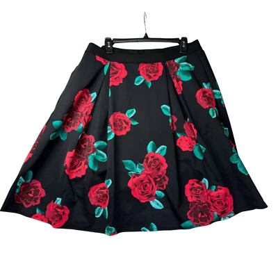 Lane Bryant Skirt Women's 14/16 Black Floral Roses A-Line Pockets Nylon Stretch - Image 1 of 4