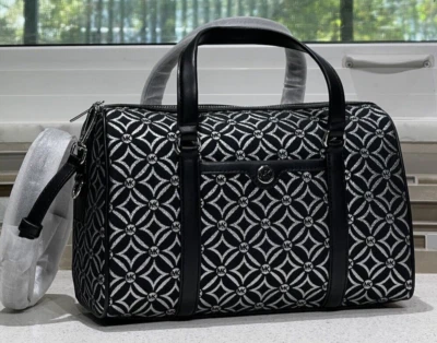 MICHAEL KORS TRAVEL MEDIUM DUFFLE SATCHEL SHOULDER BAG TOTE MK BLACK SILVER LOGO - Image 1 of 4