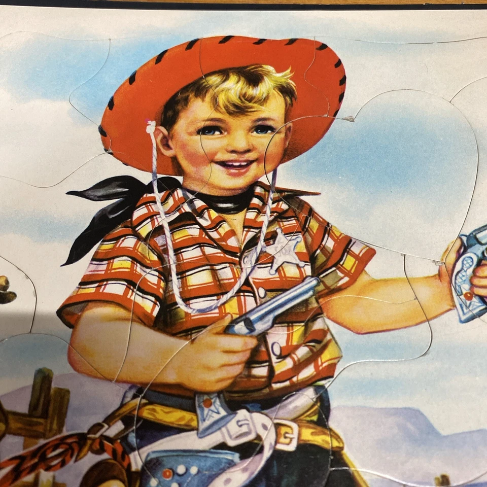 Antigo quebra-cabeça bandeja infantil (artista B. Lopez) pistolas xerife ocidental menino muito bom estado - Imagem 1 de 4