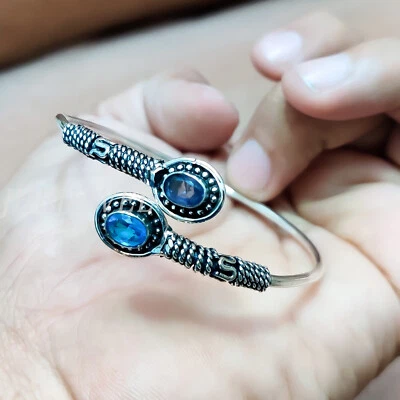 Amethyst & London Blue Topaz Gemstone 925 Sterling Silver Bangle Bracelet /J-55 - Image 1 of 4