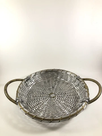 Handmade Metal Woven Basket Silver Color With Gold Color Trim Cover