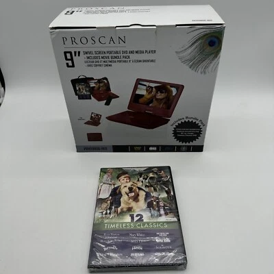 PROSCAN PORTABLE DVD PLAYER 9806 9” SWIVEL SCREEN RED With Bundle DVD - Image 1 of 4