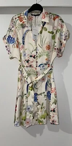 ZARA MINI CAMICIA ABITO MULTICOLORE RASO STAMPA FLOREALE COLLETTO CINTURA TAGLIA XL NUOVO - Foto 1 di 15