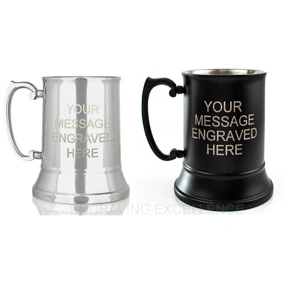 Personalised Steel Black Beer Tankard Pint Men's Gift Stag Night Engraved FREE - Image 1 of 4