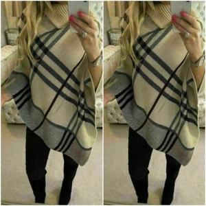 LADIES HIGH NECK PONCHO TARTAN CHECK KNITTED WINTER SHAWL JUMPER CARDIGAN - Picture 1 of 4