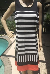 Women’s NWT Worthington Sleeveless Black/White/Coral Striped Dress Size 12 - Picture 1 of 9